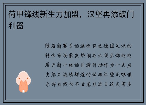 荷甲锋线新生力加盟，汉堡再添破门利器